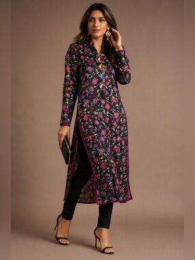 Vintage Floral Satin Long Tunic Top Tassel Neck Boho Blouse Black Pink handmade